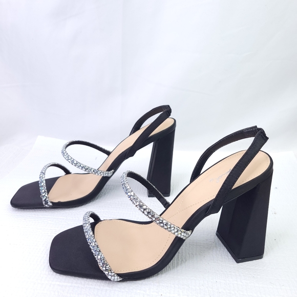 NEW Qupid Kancy 4" Tall Block Heels Rhinestone Straps Black Satin Shoes - Picture 4 of 9